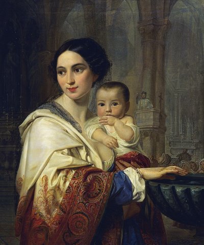 Mother with Child in Arms Drawing Holy Water by Camilla Guiscardi