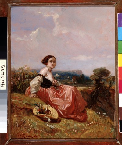 Young Girl in the Hat in Front of the Sainte Mountain Victoire by Camille Joseph Etienne Roqueplan