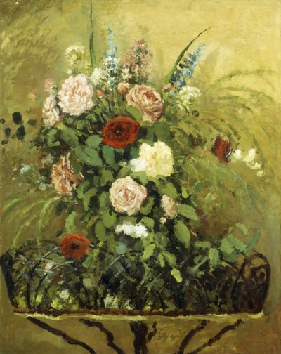 Bouquet of Flowers with a Rustic Wooden Jardiniere by Camille Jacob Pissarro
