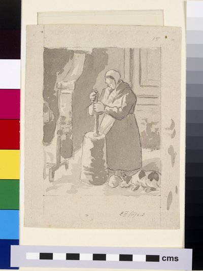 Compositional study of a female peasant making butter by Camille Jacob Pissarro