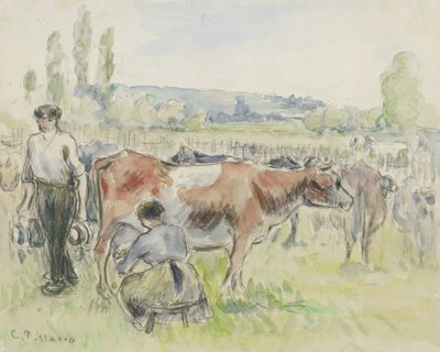 Compositional study of a milking scene at Eragny-sur-Epte, 1884 by Camille Jacob Pissarro