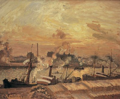 Unloading Wood, Quai de la Bourse, Sunset by Camille Jacob Pissarro