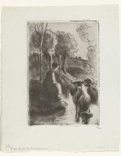 Shepherdess with Cows by the Water by Camille Jacob Pissarro