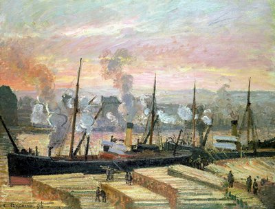 Sunset at Rouen, Boats Unloading Wood by Camille Jacob Pissarro