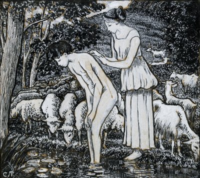 Chloë washing Daphnis at a stream, compositional study for an illustration, c1895 by Camille Pissarro