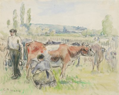 Compositional study of a milking scene at Eragny-sur-Epte by Camille Pissarro