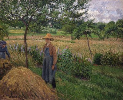 Gardener standing by a haystack, overcast sky, Eragny, 1899 by Camille Pissarro
