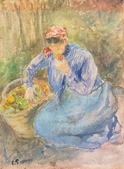 Seated Peasant Woman with a Basket of Apples by Camille Pissarro