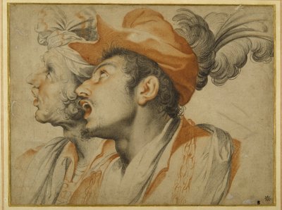 Grotesquerie of two fashionably dressed men singing by Camillo Procaccini