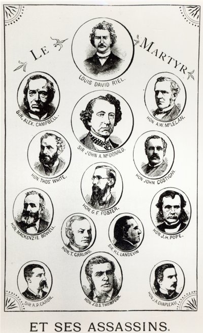 Louis Riel (1844-85) and his assassins, illustration from Le Gibet de Regina, published 1886 by Canadian School