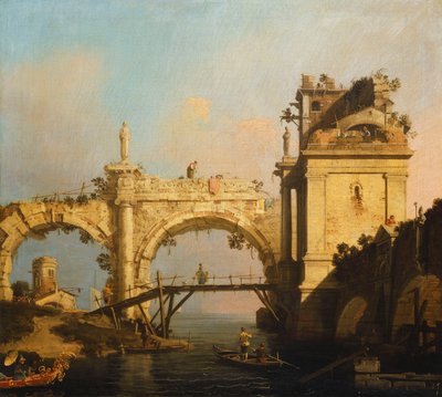 A Capriccio of a Ruined Renaissance Arcade and Pavilion by a Waterway by Giovanni Antonio Canal