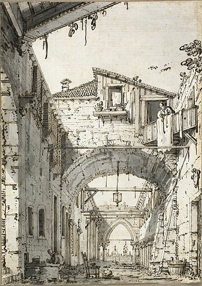 Capriccio: A Street Crossed by Arches (recto) Sketches of Doorway, Staircase and Second Floor of Building (verso) by Canaletto