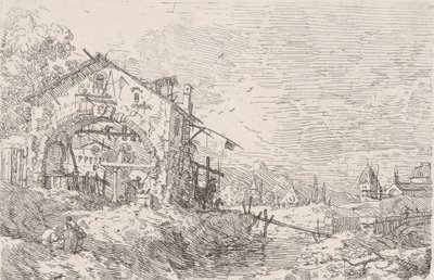 Woman Drawing Water from a Well Beneath an Arcade at Left, with a Landscape at Right by Canaletto