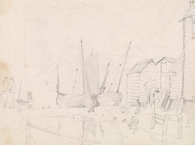 Sketch of Beached Sailboats and Stilt Cottages, Hastings by Capt. Thomas Hastings