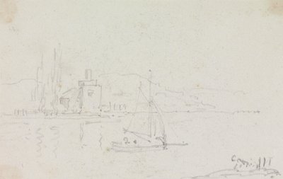 Sketch of a Sailing Boat and a Building on the Shore by Capt. Thomas Hastings