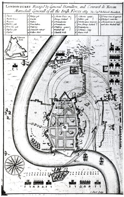 Londonderry Besieged by General Hamilton and Conrad de Rosen, engraved by J. Sturt, 1689 by Captain Archibald Maculloch