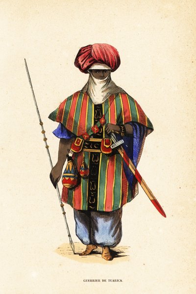 Noble Tuareg warrior of Agadez, Niger, in tagelmust (turban and veil), taktkat (shirt) and akarbey (pants) by Captain George Francis (after) Lyon