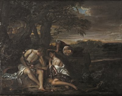 A sleeping couple, discovered by three women in an Arcadian landscape by Carel De Moor II (attr. to)