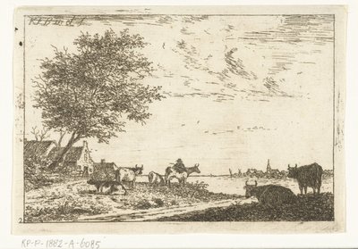 River Landscape with Farmer and Cows by Farm (Landscapes series) by Carel Frederik Bendorp (I)
