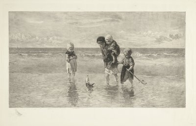 Four Children Playing with a Toy Boat on the Beach in Shallow Seawater (Children of the Sea) by Carel Lodewijk Dake
