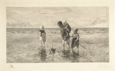 Four Children Playing with Toy Boat on the Beach in Shallow Seawater Children of the Sea by Carel Lodewijk Dake