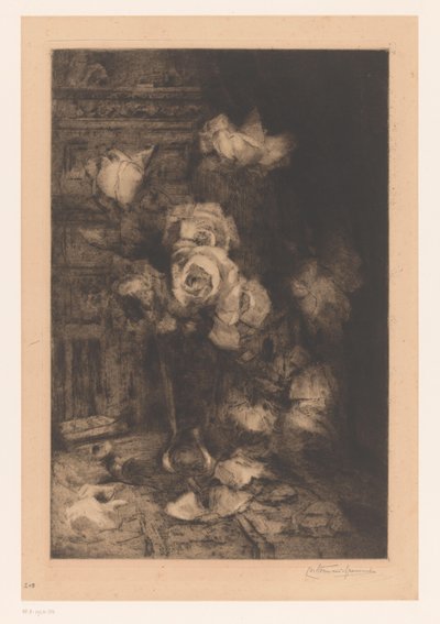 Vase with Roses on a Table by Carel Nicolaas Storm van 