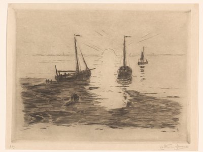 Seascape with Sailboats and Setting Sun by Carel Nicolaas Storm van 