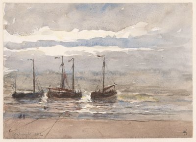 Fishing Boats on the Beach of Katwijk at Rising Tide by Carel Nicolaas Storm van 
