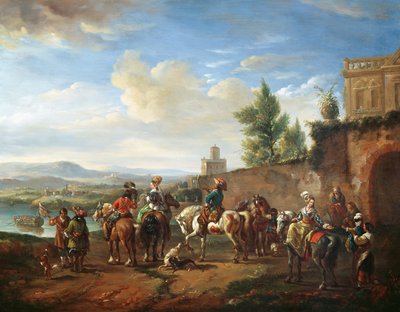A Hunting Party by a Country House by Carel van Falens or Valens