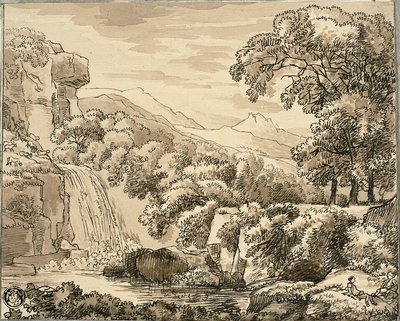 Mountain Landscape with Waterfall and Figures by Carl August Lebschee