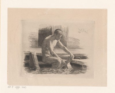 Naked Man Sitting on Steps by Water by Carl Bloch