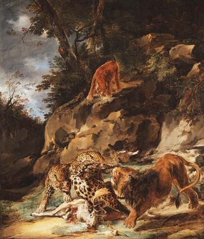 A Lion Driving a Pair of Leopards off a Dead Stag by Carl Borromaus Andreas Ruthart