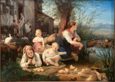 Mother with Children at the Village Pond by Carl Engel von Rabenau