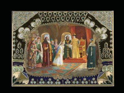 (detail) painted cartouche from a table box, depicting Tsar Alexei Mikhailovich choosing a bride, c.1908-1917 by Carl Fabergé
