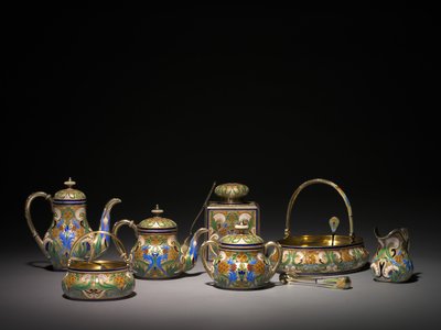 Hot Water Pot, Covered Sugar Bowl, Tea Caddy, Teapot, Sugar Tongs, Lemon Fork, Sugar Basket, Cake Basket, Cream Pitcher, Tea Strainer and Sugar Sifter, before 1896 and 1896-1906 by Carl Fabergé