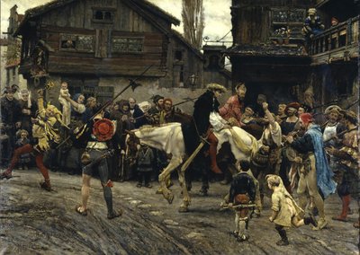 The Ignominious Entry of Peder Sunnanvaeder and Maester Knut into Stockholm in 1526 by Carl Gustaf Hellqvist