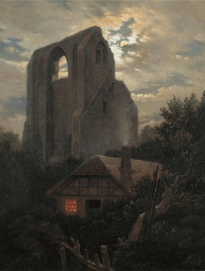 Ruins of the Eldena Monastery with Cottage near Greifswald in Moonlight by Carl Gustav Carus