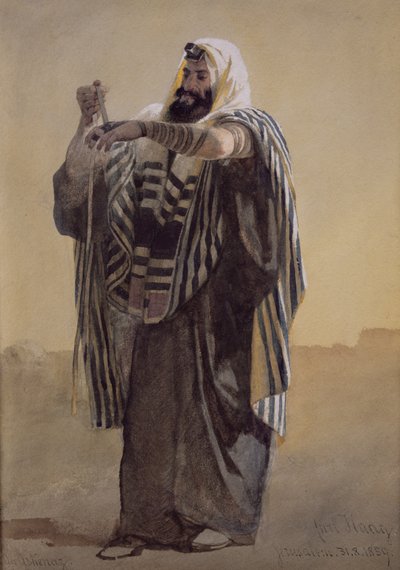 A Jerusalemite Shepherd Winding the Phylacteries for the Hand, 1895 by Carl Haag