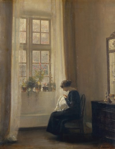 A Girl Sewing in an Interior by Carl Holsoe