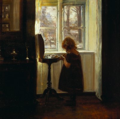 A Girl Standing by a Sewing Table by Carl Holsoe