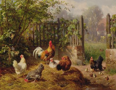 Rooster with Hens and Chicks by Carl Jutz