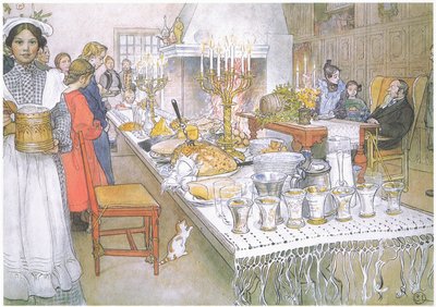 On Christmas Eve, the Huge Long Table in the Big Hall is Absolutely Covered with the Food by Carl Larsson