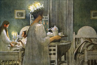 Young girl with candles crown on the hair during Saint Lucy day, Illustration 1916 by Carl Larsson