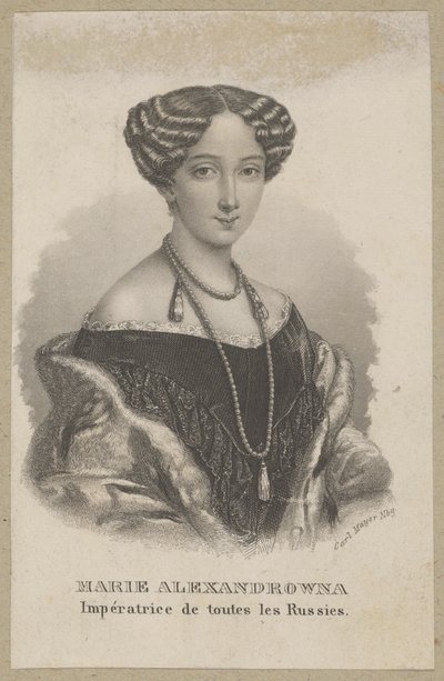Maria Alexandrovna (born Maximiliana Wilhelmina Maria von Hessen-Darmstadt, 1824 Darmstadt - 1880 Petersburg) – youngest daughter of Ludwig II of Hesse and Wilhelmina of Baden, Duchess of Hesse, Empress of Russia as the wife of Tsar Alexander II by Carl Mayer