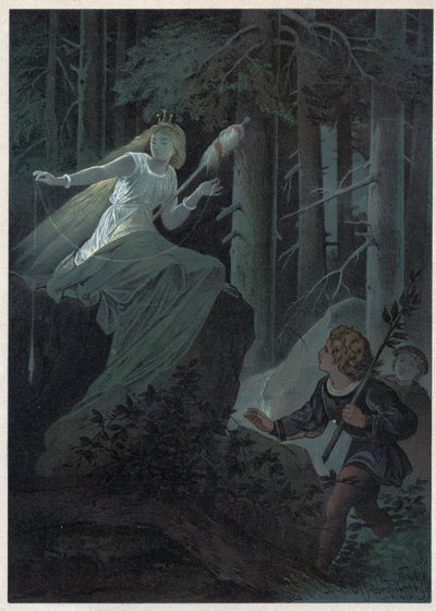 The fairy running away with a golden spindle was singing the fate of a golden button. Illustration by Carl Offterdinger in Bouton d
