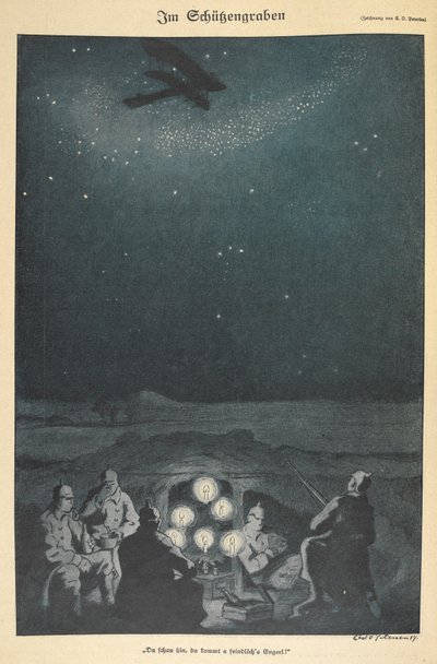 In the trenches. German soldiers, an airplane flying above them in the night sky by Carl Olof Petersen