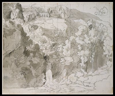 Landscape near Subiaco with a Waterfall and San Benedetto Monastery by Carl Philipp Fohr