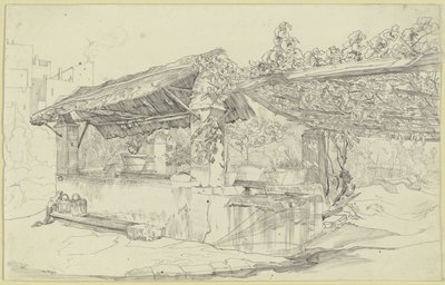 Thatched Well House and Wash Trough beside a Vine Arbor by Carl Philipp Fohr