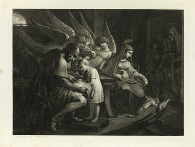 The Holy Family Busy at Home: Joseph Teaches the Boy Jesus to Read. Mary Feeds the Pigeons. Elizabeth Enters the Room with John by Carl Russ