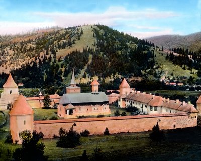 Sucevita Monastery located on the Sucevita rivulet valley, image date: circa 1920, Carl Simon Archive by Carl Simon
